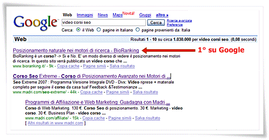 Prima posizione su Google con "Video Corsi SEO"